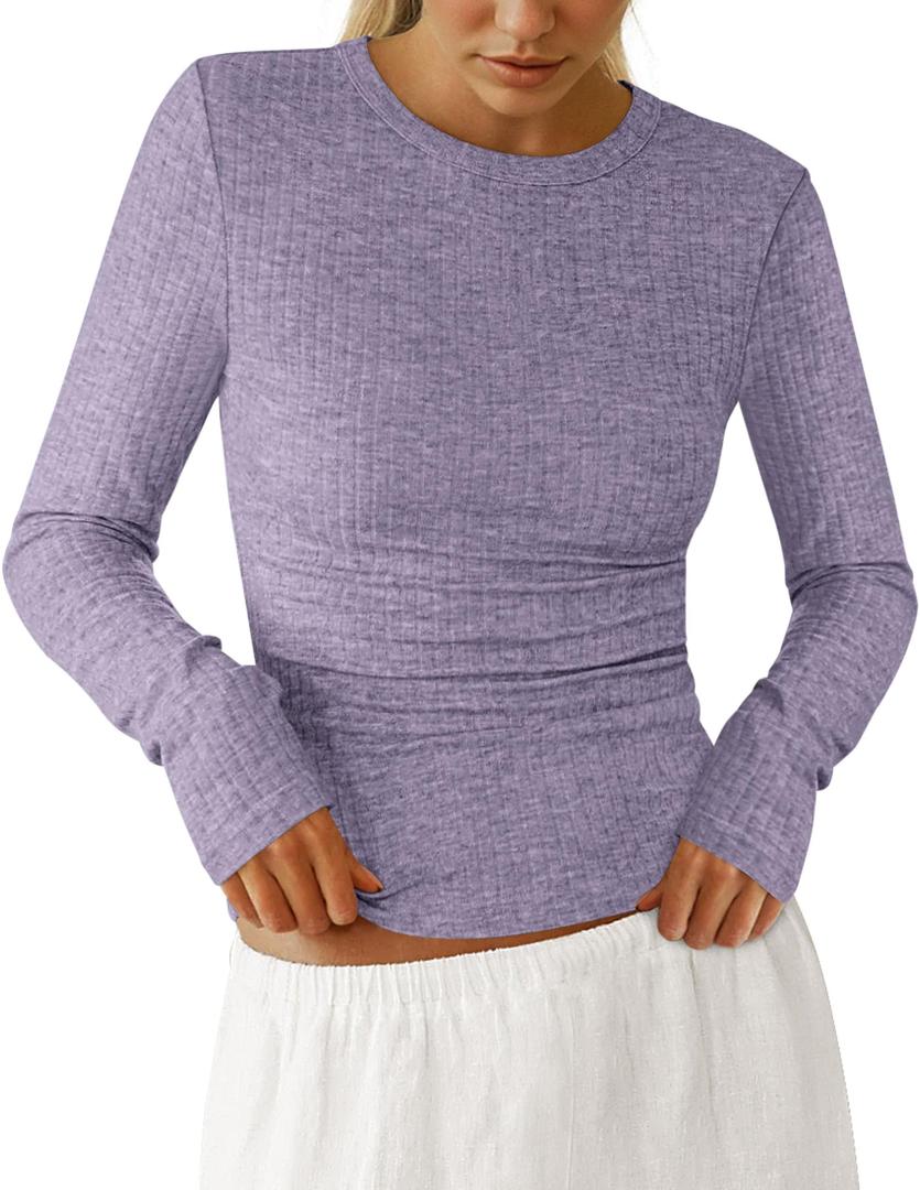PRETTYGARDEN Womens Long Sleeve Shirts 2026 Ribbed Knit Slim Fitted Basic Tee Casual Going Out Tops Underscrubs Fall Clothing (Purple,X-Large)