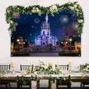 6x4ft Castle Backdrop Blue Castle Back Garden Fireworks Night Scene Background Girls Birthday Party Photobooth Backdrop Supplies Cake Table Decorations KUHB022