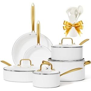 Ceramic Cookware Set, VONIKI 16 Pcs Pots and Pans Set Non Stick, Kitchen Cookware Sets with Cooking Utensils Set, Non Toxic Cookware Set White Gold Pan Set for Cooking Pot Oven & Dishwasher Safe, Gift