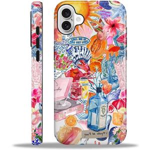 Compatible with iPhone 16 Case - Hybrid Heavy Duty 2 in 1 Full Body Rugged Shockproof Protection Glossy Case for iPhone 16 - Coastal and Fruity Summer Collage