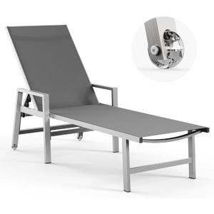 Patio Chaise Lounge Chair Outdoor with Wheels&Armrests, Aluminum Pool Lounge Chairs 5-Position Adjustable Recliner, Outdoor Beach Lounge Chairs for Poolside, Patio, Deck, Yard, Dark Gray (1 Pack)