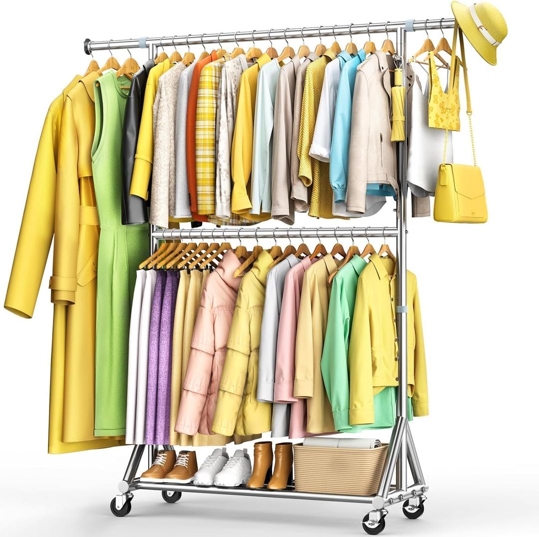 100% Stainless Steel Heavy Duty Clothes Rack Load 860LBS, Adjustable Height Double Rods Clothing Racks for Hanging Clothes, Rolling Garment Rack With Wheels Shelf, Portable Closet Wardrobe Rack