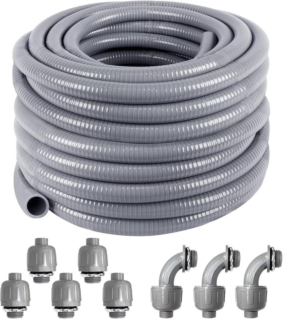 Liquid-Tight Conduit 100 ft and 8 Pieces of Connector Kit,Electrical Conduit 3/4 100ft UL Certification,Flexible Conduit with 5 Straight and 5 90-Degree Conduit Connector Fittings
