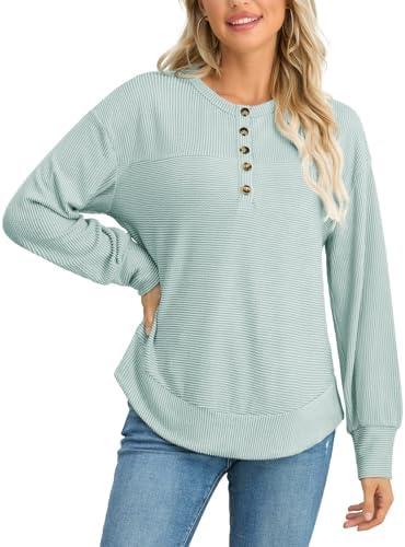HWOKEFEIYU Long Sleeve Henley Shirts Button Top Casual Ribbed Knit V Neck Tunics Curved Split Hem Loose Work Blouse S
