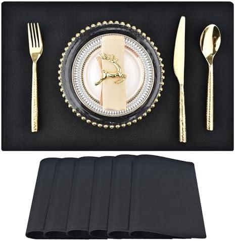 SLKQG Black Cloth Placemats Set of 6 - Double Thickened Easy to Clean Linen Style Fabric Placemats - Machine Washable Placemats- Heat Resistant Non-Slip Table Mats - 18x12 Inch (Black, 6)
