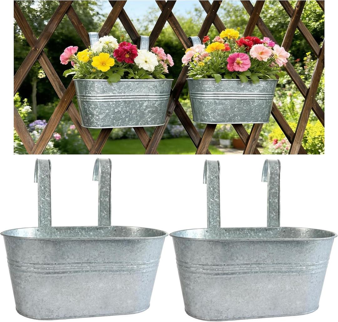 Balcony Galvanized Hanging Planters Railing Flower Pots, Outdoor Metal Fence Planter Pot with Detachable Hooks Drain Hole for Garden Patio Yard Decor (10 Inch, 2Pcs)