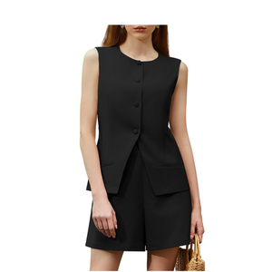 Women's Summer 2 Piece Outfits High Waisted Short Sets Crewneck Button Down Vest Business Work Blazer Suit, L, Black