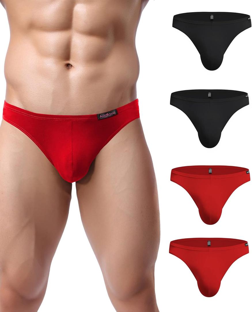 Avidlove Mens Bikini Underwear Low Rise Briefs Microfiber Underpants 4 Pack (Small, Black/Red)