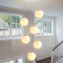 H 87in Globe Pendant Light 6-Lights Modern Hanging Chandelier for Kitchen Island Silver Globe Chandelier Milk White Glass Pendant Lighting for Living Room Bedroom Entryway