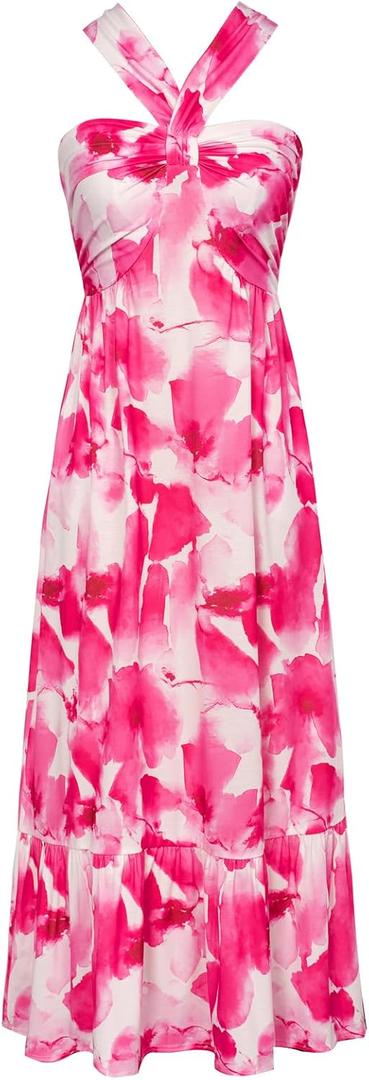 GRACE KARIN Womens Summer Floral Dresses 2026 Boho Maxi Dress Flowy Halter Sundress Casual Vacation Beach Clothes with Pocket (Pink, S)