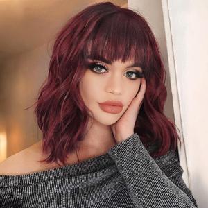 Red Wig with Bangs for Women 14 Inch Shoulder Length Short Bob Wavy Curly Wig Burgundy Wig Heat Resistant Synthetic Wigs