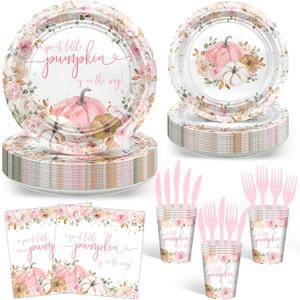 Avezano 144 pcs Fall Baby Shower Decorations for Girl Plates and Napkins Disposable Tableware Set Pink Pumpkin Baby Shower Decorations, Serves 24