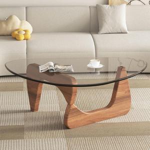 Modern Glass Coffee Table, 32.68" D x 22.44" W x 15.75" H, Abstract Round Tea Tables for Living Room Home Office Industrial Cocktail Tables (Walnut-Clear Glass/32.68") (Walnut-clear Glass/32.68")