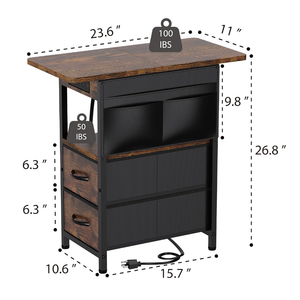 Small Side Table with Charging Station, Narrow Nightstand Bedside Tables with Storage Pocket for Living Room Bedroom, Sofa End Table with USB Ports and Power Outlets for Small Spaces