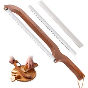 Sourdough bread knife,Bread Slicer for Homemade Bread,Adjustable blade tightness for Even Slicing, Serrated knife,Wooden Bread cutter with Bow Design (3, Red-brown color)
