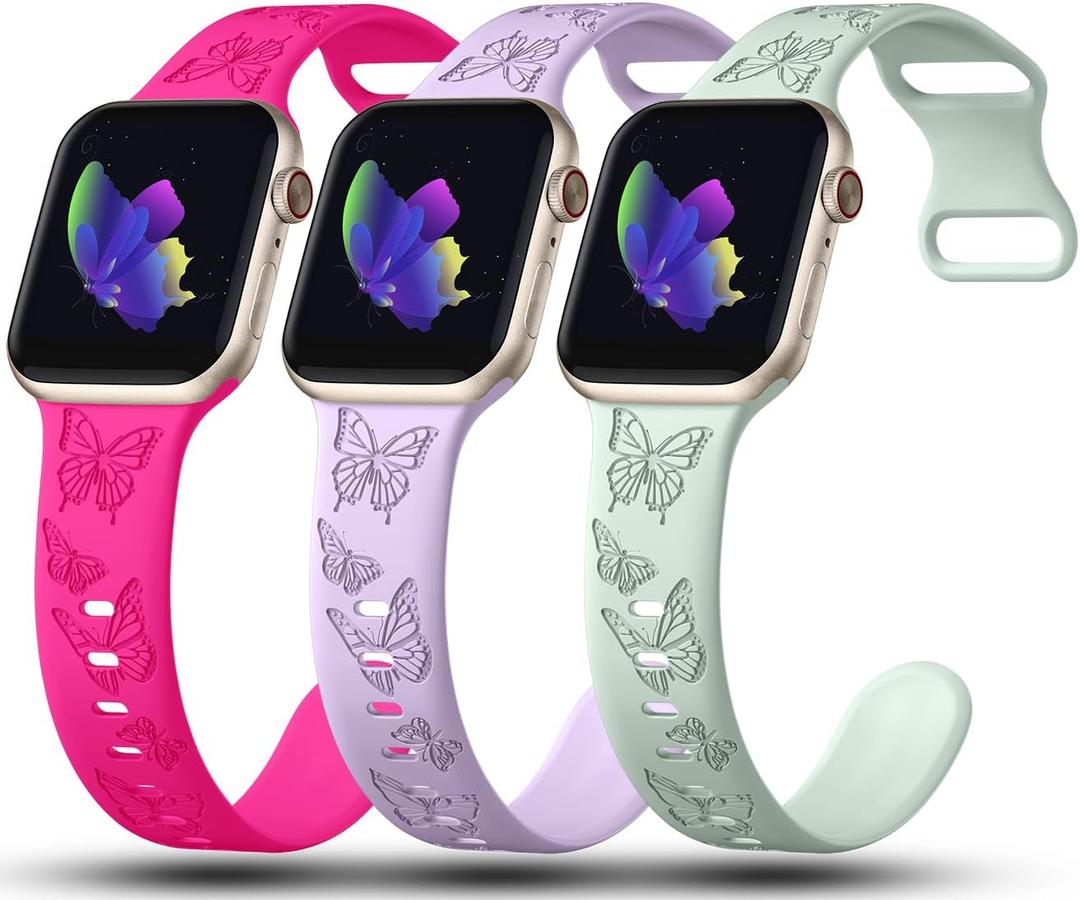 3 Pack Butterfly Engraved Bands Compatible with Apple Watch Band 38mm 40mm 41mm 42mm 44mm 45mm 46mm 49mm Women,Soft Silicone Animal Sport Strap for iWatch Bands Series 10 9 8 7 6 5 4 3 2 1 SE Ultra