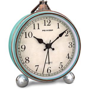Peakeep 4" Small Battery Operated Antique Retro Analog Alarm Clock for Room Decor, Silent Elegant Bedside Desk Table Gift Clock (Aqua)