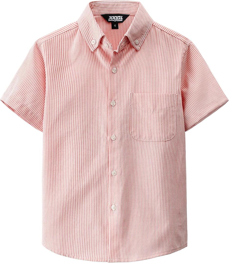 JOGAL Boys Button Down Shirt Short Sleeve Oxford Dress Shirts Casual Striped Tops for 6-14 Years (Orange)
