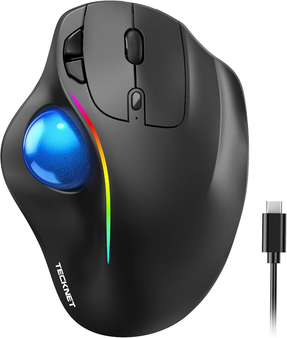 TECKNET Pro Wireless Trackball Mouse, Bluetooth Mouse with Ergonomic Thumb Control, USB-C Rechargeable, RGB Light Mice with Adjustable DPI, 3-Device Connectivity (BT or 2.4G),for PC/Mac/Laptop - Black
