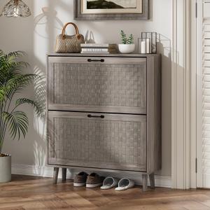 Shoe Storage Cabinet with Handmade Rattan Drawers, Freestanding Shoe Organizer Cabinet with Solid Wood Legs, Narrow Shoe Cabinet Storage for Entryway, Rustic Slim Shoe Rack Cabinet (Grey) (Width - 31.5 inches)