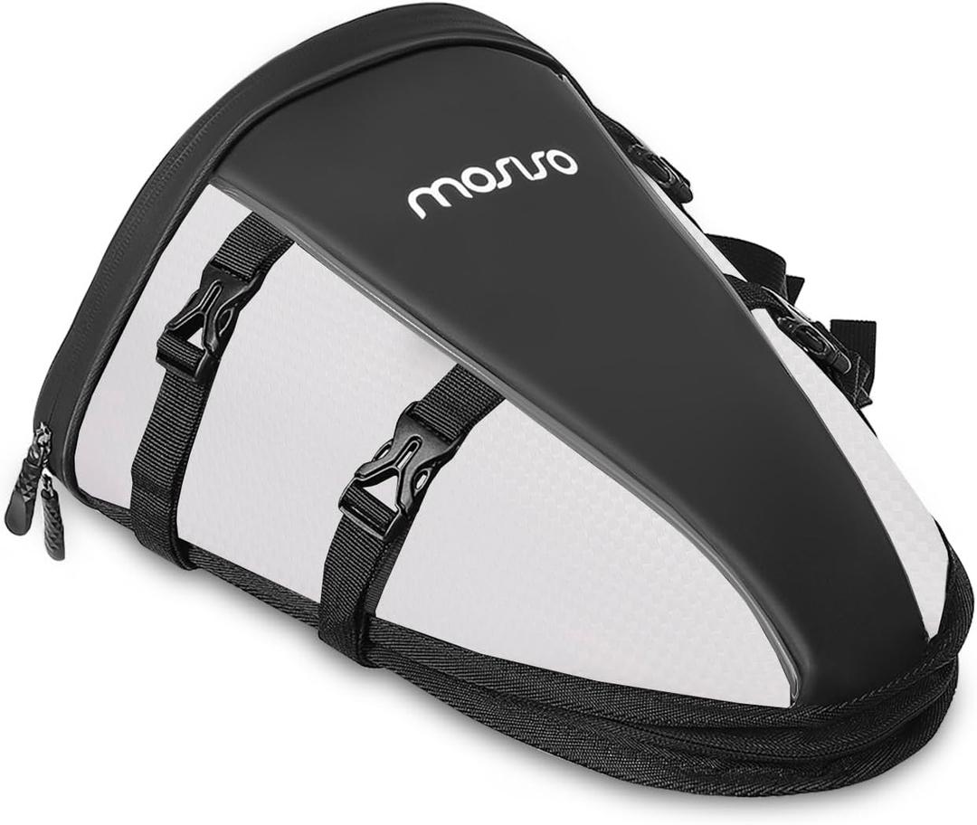 MOSISO Motorcycle Tail Bag Multifunctional Waterproof Polyester Storage Saddle Bag, 10L Outdoor Sports Motorbike Rear Seat Light Tank Handbag Tool Carry Pouch with Shoulder Strap, White