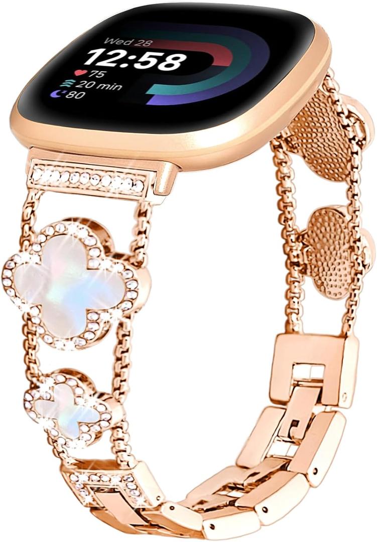 for Metal Bands, Compatible with Fitbit Versa 4/Versa 3/Fitbit Sense 2/Sense Band Smart Watch, Diamond Four Leaf Clover Stainless Watch Strap for Women
