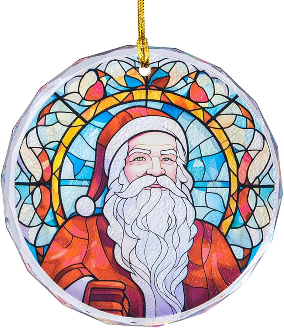 Stained Glass Styled Christmas Ornament  3 Inch Flat Round Real Glass Decoration, Double-Sided Print  Perfect for Holiday Tree, Window, or Gift