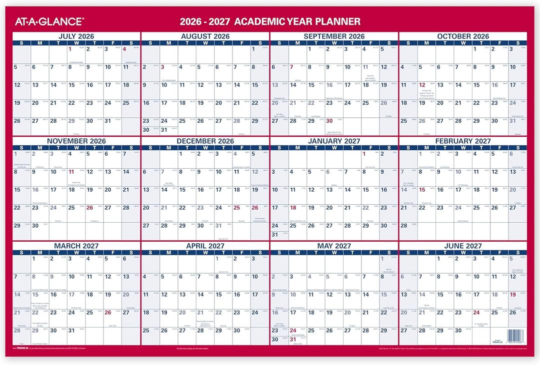 AT-A-GLANCE Dry Erase Calendar 2026-2027 Academic & Regular Year Wall Planner, 12-Month, 36" x 24", Double Sided, Horizontal (PM200P28)