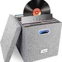 Vinyl Record Storage Box for 50+ Single LPs (12-Inch), Stackable Albums Linen Crate with Lid, Collapsible Play Music Collection Holder, Document File Folder Cabinet Organizer Case with Handle (1PACK, Grey)