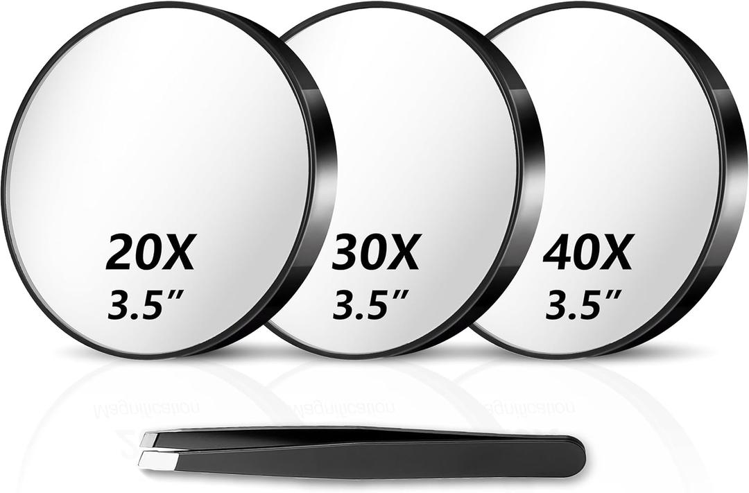 Magnifying Mirror 20X&30X&40X 3Packs with Tweezer and Suction Cups Set, 3.5 Inches Compact Travel Magnified Mirror-Black