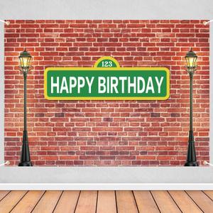 7x5ft Happy Birthday Street Sign Backdrop, 123 Green Sign Brick Wall and Lamp Posts Party Banner, Urban City Theme Birthday Party Photo Booth Background Decoration for Kids & Adults