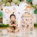 Wild Photo Board Jungle Animals Birthday Party Decorations Wooden Board 12 Monthly Milestone Picture Frame One Year Old 1st Birthday Banner for Baby Boy Girl Keepsake Gift Supplies (Fit 2.95x2.95 in Pic), 12x16 inches