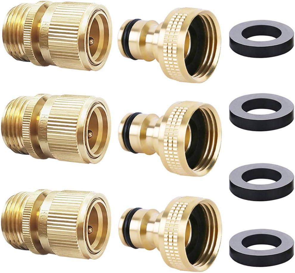 HQMPC Garden Hose Quick Connector Water Hose Quick Connect  inch GHT Brass Easy Connect Fitting Quick Connect Hose Fittings Garden Hose Fitting Water Hose Connectors (3SETS)