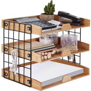 3-Tier Wood Paper Tray, Inbox Tray for Desk, Letter File Trays Desk Organize Office Supplies Accessories, Workspace Desktop Storage for Home, Office, School