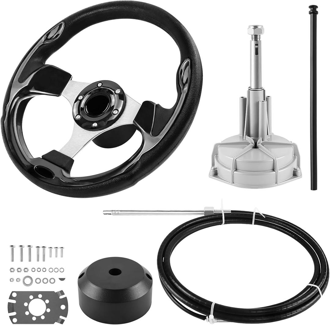 Boats Steering System, 10ft Cable Outboard Steering Kit 3/4"" Standard Tapered Shaft, Boat Steering Control Cable for Yachts, Fishing Boats and Other Watercraft - with Steering Wheel
