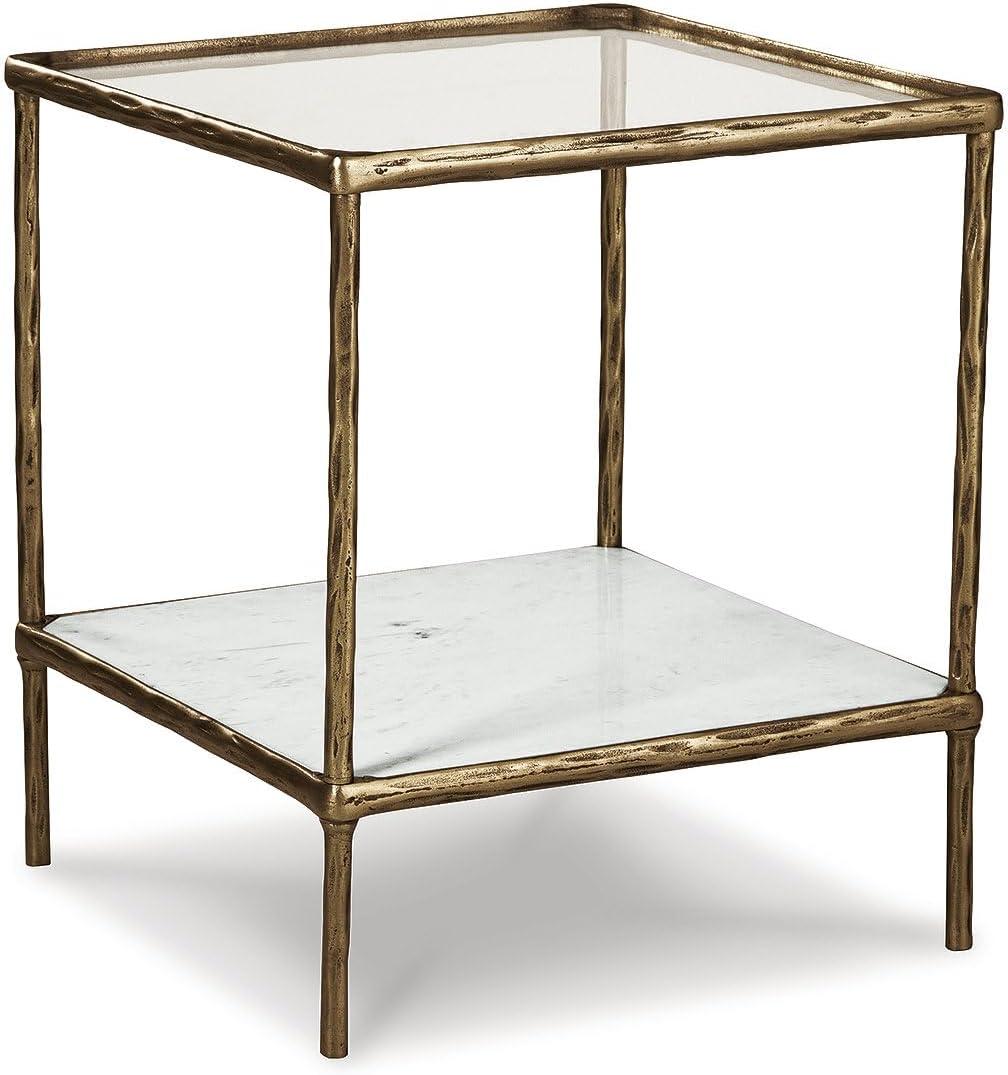 Signature Design by Ashley Ryandale Square Accent Table for Living Room, SandCasted Aluminum Frame With Brass Finish, Glass Top and White Marble Shelf, 21" Size, 21" W X 21" D X 24.88" H
