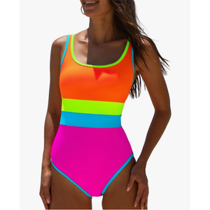 popvil One Piece Swimsuit Tummy Control Womens Bathing Suits Modest Curvy Neon Sexy Sport Swimwear, Size M