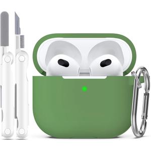 R-fun Compatible with AirPod 3 Case Cover, Silicone Protective Accessories Skin with Keychain Compatible with Apple AirPod 3rd Generation 2021 for Women Men Girls Boys,Front LED Visible,Grass Green