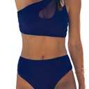 Beachsissi Bikini Set for Women Sexy Mesh Two Piece Swimsuit Cutout One Shoulder Top High Waisted Swimwear (Medium, Blue)