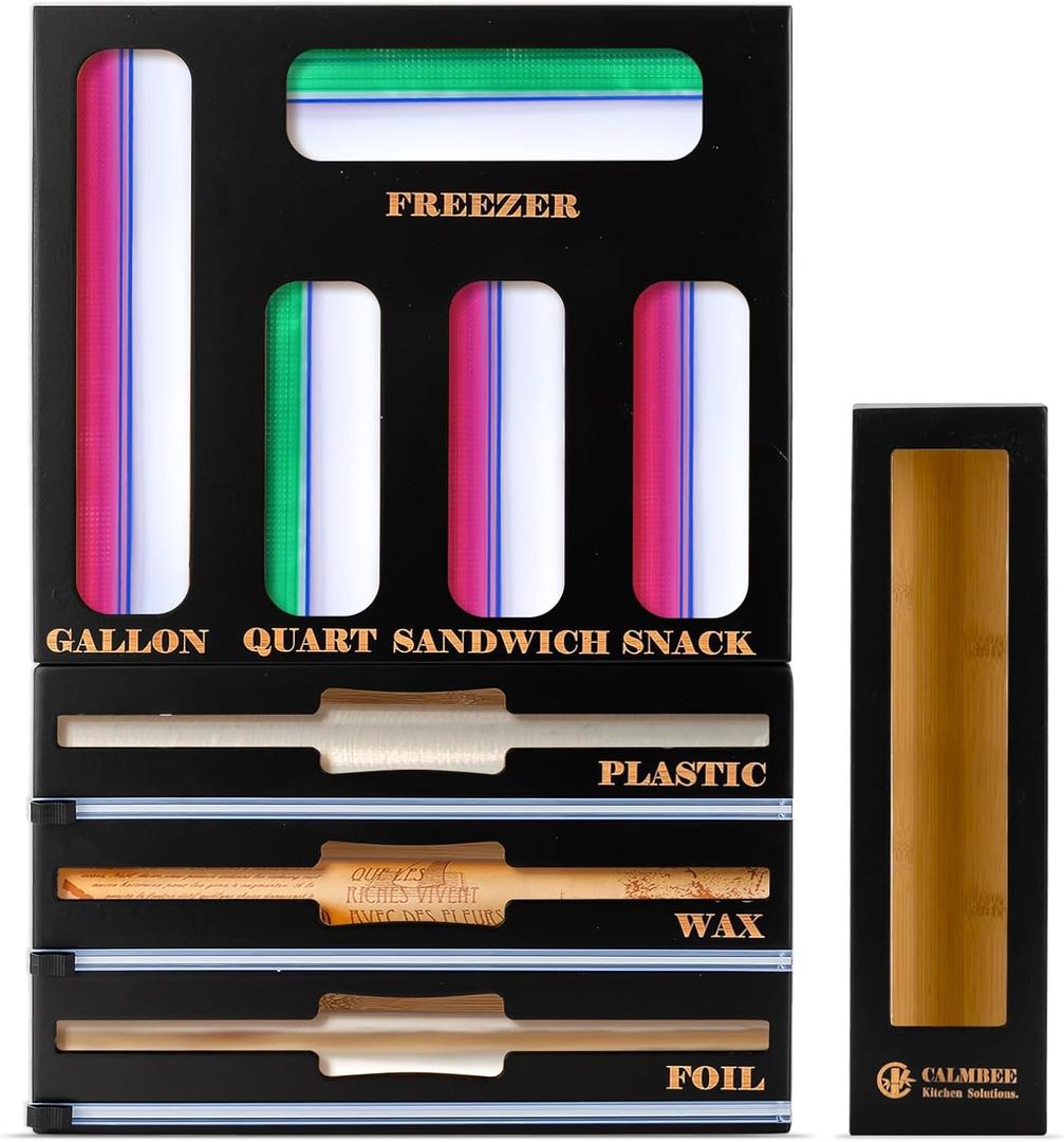 Calmbee 9 in 1 Bamboo Storage Bag Organizer for Kitchen Drawer  Plastic Wrap Dispenser with Cutter & Foil Organizer, Wooden Baggie Organizer for Sandwich, Snack, Gallon, Quart Sizes, Black