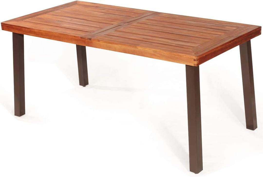 Patio Dining Table with Umbrella Hole, Outdoor Picnic Table for Backyard, Garden, Lawn, Farmhouse, Acacia Wood Rectangular Table with Metal Legs, Rustic Brown