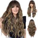 HAIRCUBE Brown with Blonde Highlight Wig Long Curly Wig with Bangs Brown wig Natural Appearance Heat-Resistant Synthetic Wig Suitable for Fashionable Women