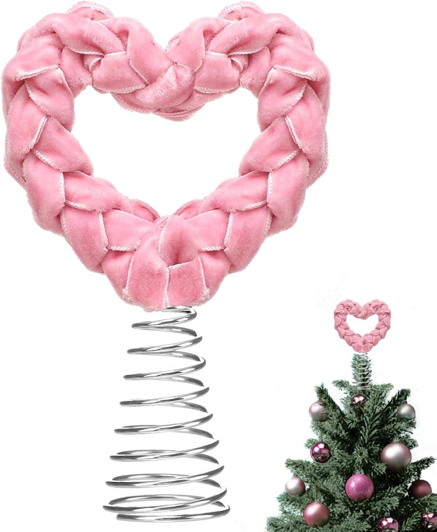 Gejoy 5.5 Inch Mini Woven Velvet Valentine Day Tree Topper Velvet Pink Hearts Tree Topper for Mini Trees Heart Decorations for Valentines Day Party Holiday Ornament Home Decoration
