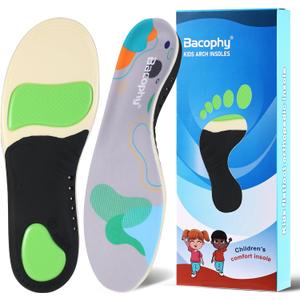 Bacophy Kids Arch Support Orthotic Insoles, Children Pu Cushioning Inserts, Shock Absorption Velvet Surfaces Deep Heel Cup Inner Sole for Plantar Fasciitis, Flat Feet, Feet Heel Pain Relief (9.5-11 M US Toddler, Multi-colored)