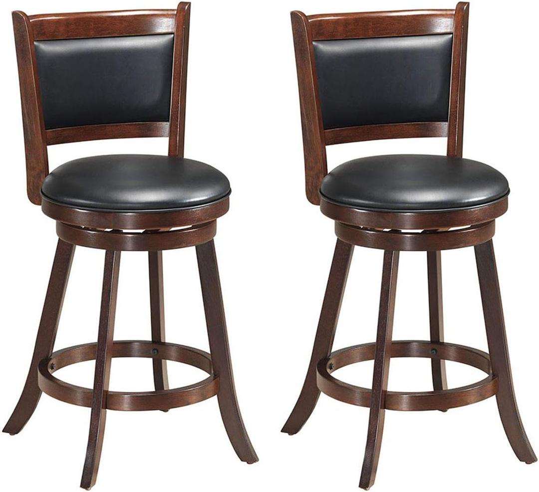 ERGOMASTER Bar Stools Set of 2, 24 Counter Height Stools for Kitchen Island, Rubber Wood, Swivel Barstools with Backs for Pub, Bar, Restaurant, Brown & Black