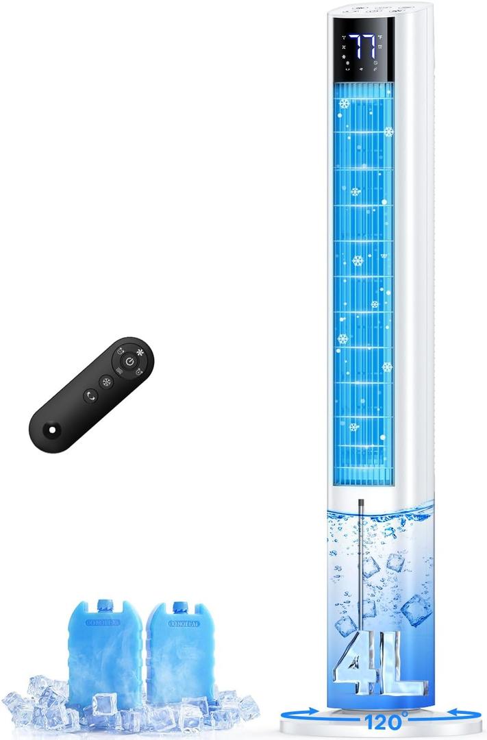 FANCOLE 44 INCH Windowless Air Conditioner with 4 Modes & 3 Speeds, 12H Timer, 4L Tank for 24H Cooling Evaporative Air Cooler, 4 Ice Packs, 17Ft Remote, 120 Oscillating Portable AC Unit for Bedroom