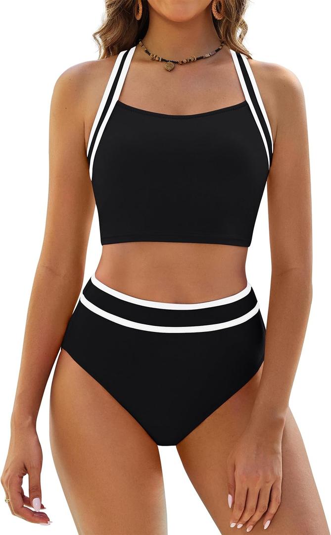 BMJL Women's High Waisted Bikini Sets Two Piece Swimsuits Sporty Tummy Control Bathing Suit Color Block Swim Suit (Large, Black)