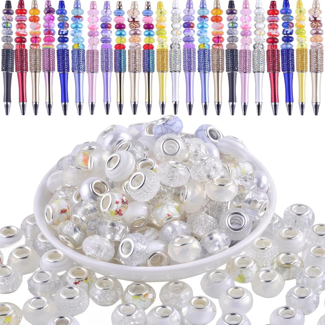 Large Hole Beads for Jewelry Making 120pcs 14mm Large Hole Murano Beads for Pens European lampwork Beads for Beadable Pens Spacer Beads Bulk for Crafts Garden Stakes White Mix