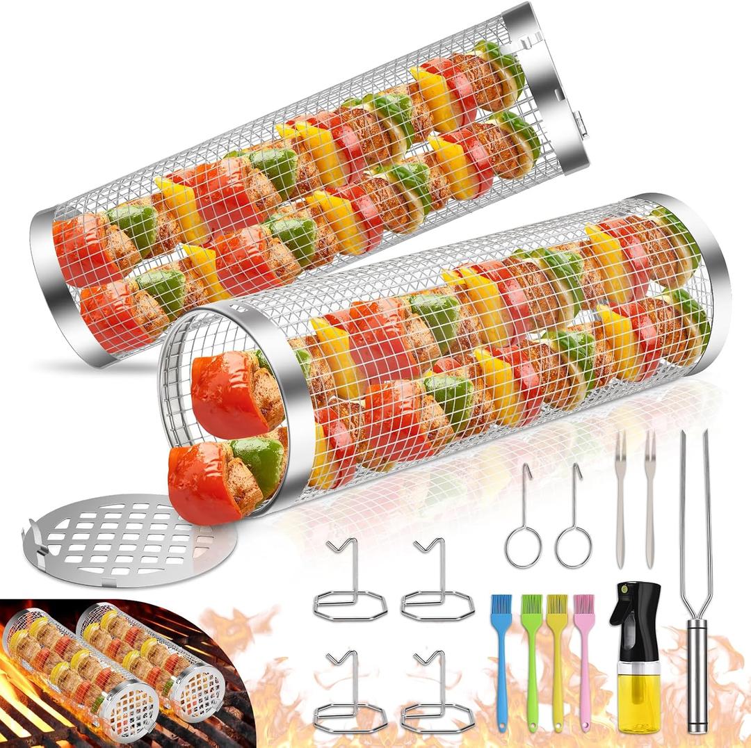Grill Baskets for Outdoor Grill- 2 PCS, Rolling Grilling Basket, Stainless Steel BBQ Grill Mesh Grilling Accessories for Fish, Shrimp, Meat, Veggies, Fries, Grilling Gift for Men Dad Husband