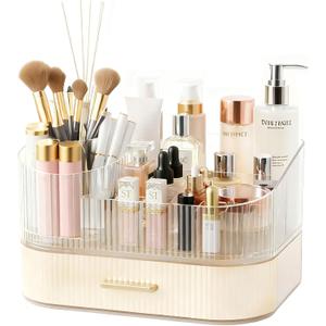 Makeup Organizer Countertop with 360 Rotating Brush Holder, Make Up Organizers For Vanity With Drawer, Bathroom Countertop Skincare Organizer And Storage